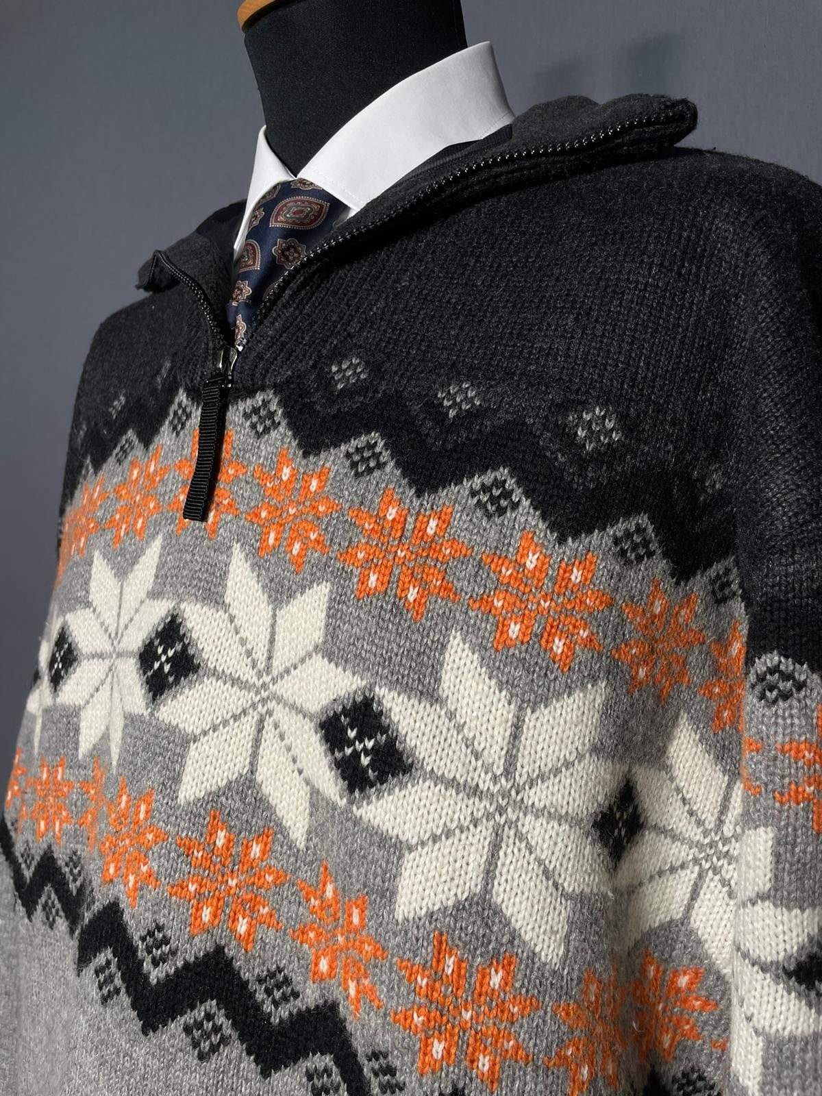1/4 Zip Pullover grau-orange Muster - L
