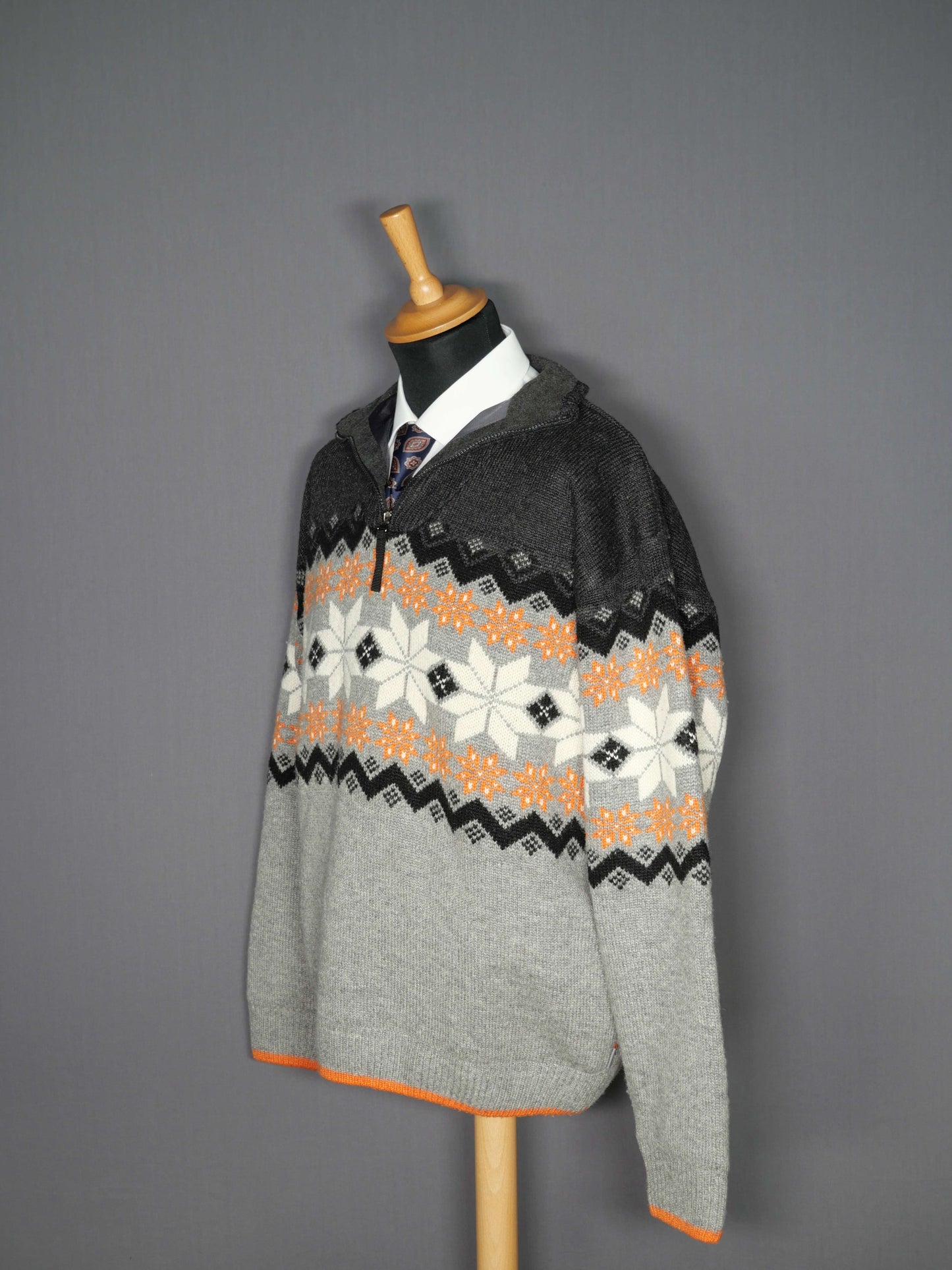 1/4 Zip Pullover grau-orange Muster - L