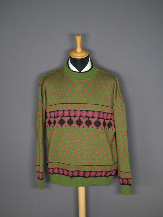 Vintage Pullover grün Muster - XL