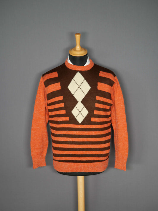 Vintage Pullover Muster orange-braun - S